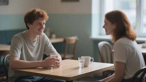 Jeune homme et jeune femme assis à une table de café, souriant nerveusement, verres d'eau devant eux, lumière naturelle tamisée