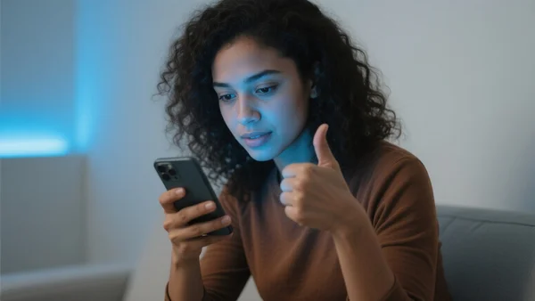 Jeune femme regardant son smartphone, pouce levé, visage concentré, fond de chambre moderne avec lumière bleutée de l'écran