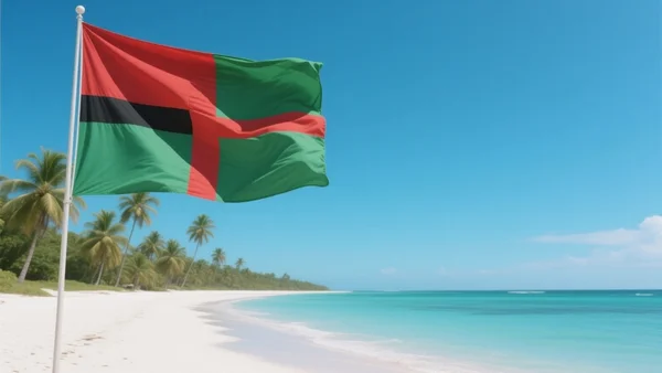 Drapeau martiniquais rouge-vert-noir flottant au vent devant une plage des Antilles, cocotiers en arrière-plan, ciel bleu lumineux