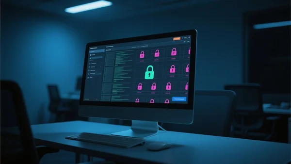Écran d'ordinateur affichant une interface Canvas avec des données chiffrées et des cadenas, ambiance de bureau sombre, éclairage bleuté