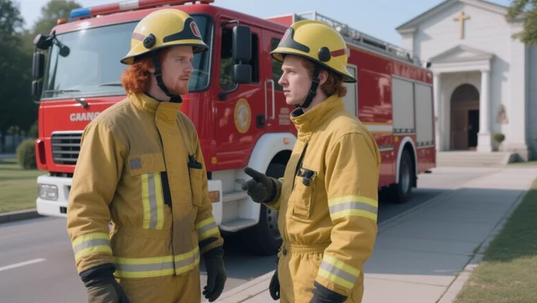 Camion de pompiers rouge garé devant un crématorium, pompiers en tenue jaune et casque discutant sur le trottoir, lumière du jour