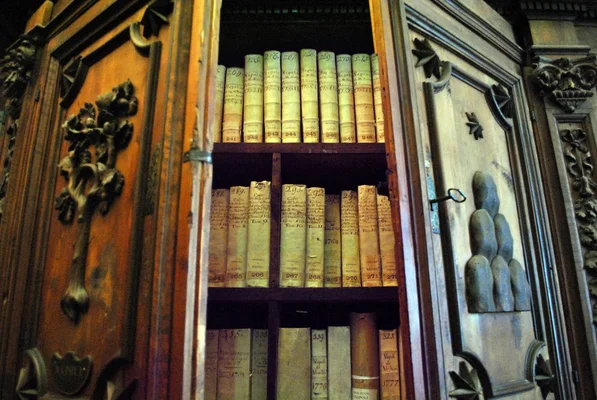 Vue intérieure d'un meuble d'archives contenant des ouvrages anciens et numérotés au sein des archives secrètes des papes.