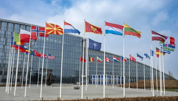 Drapeaux de l'OTAN et d'autres pays flottant devant le siège de l'OTAN.