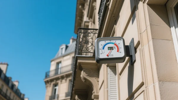 Thermomètre extérieur affichant 35°C sous un ciel bleu éclatant, façade d'immeuble parisien en arrière-plan, lumière dure de mi-journée
