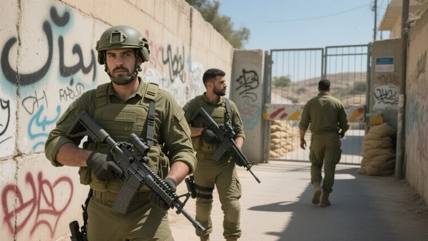 Soldats israéliens en patrouille dans une rue étroite de Cisjordanie, checkpoints en arrière-plan, murs couverts de graffitis, lumière crue du jour