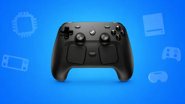 Steam Controller sur fond bleu avec icônes de matériel informatique