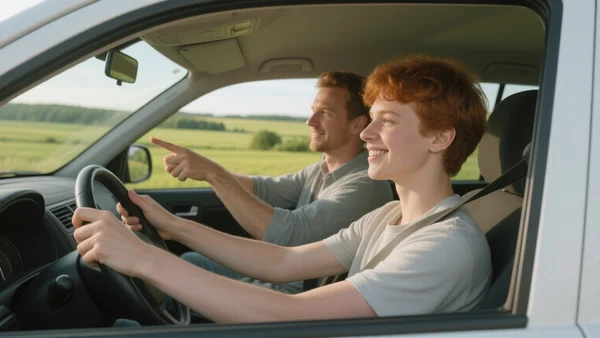 Adolescent souriant au volant d'une voiture, un adulte en passager lui montrant la route, paysage rural verdoyant par la fenêtre, lumière naturelle