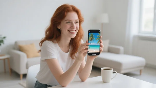 Jeune femme souriante tenant un smartphone affichant une vidéo de plage tropicale, assise dans un salon lumineux, tasse de café à côté
