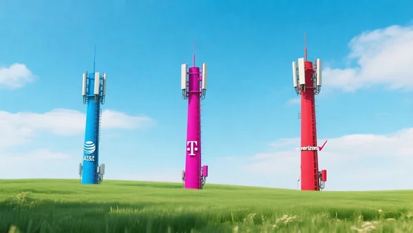 Trois tours de téléphonie mobile alignées dans un champ verdoyant, ciel bleu avec nuages légers, une antenne par opérateur (bleu AT&T, magenta T-Mobile, rouge Verizon), vue large