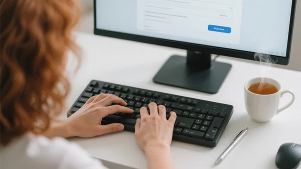 Gros plan sur des mains tapant sur un clavier d'ordinateur, écran affichant un formulaire en ligne, à côté une tasse de thé et un stylo, ambiance lumineuse de bureau étudiant
