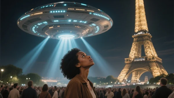 Vaisseau spatial extraterrestre illuminé survolant la Tour Eiffel de nuit, faisceaux lumineux traversant le ciel parisien, foule regardant vers le haut, ambiance électrique