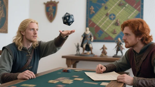 Deux joueurs autour d'une table, l'un tient un dé à vingt faces en plein lancer, l'autre consulte une feuille de personnage, décor médiéval-fantastique avec figurines peintes et grille de combat en arrière-plan