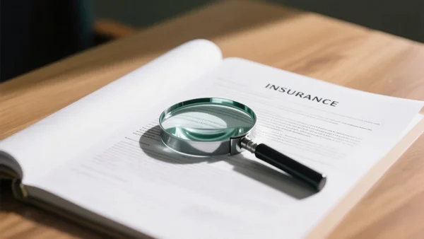 Contrat d'assurance ouvert sur une table, loupe posée sur les petites lignes, lumière naturelle, vue rapprochée