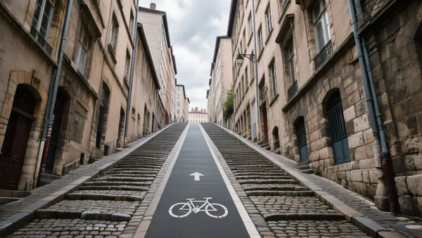 Vue en plongée de la montée du Chemin Neuf à Lyon, rue pavée en forte pente avec bande cyclable vide, immeubles anciens en pierre de chaque côté, ciel nuageux, ambiance urbaine