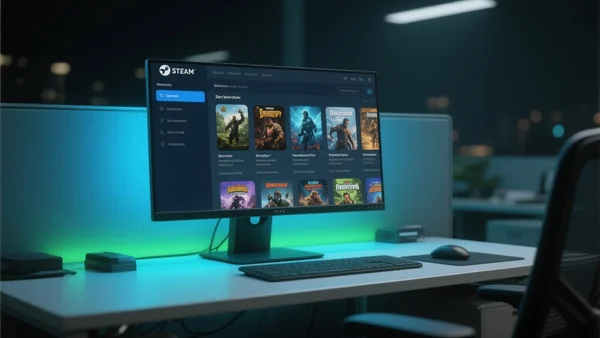 Interface du magasin Steam sur un écran d'ordinateur, avec des tags de jeux visibles sous les titres, éclairage bleu et vert depuis l'écran, ambiance nocturne de bureau