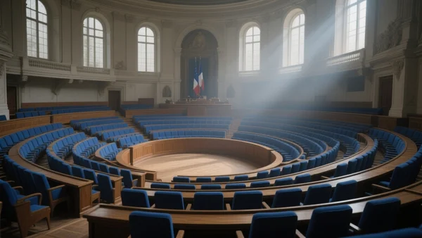 Assemblée nationale, hémicycle vide, bancs bleus et tribune, lumière tamisée, ambiance solennelle