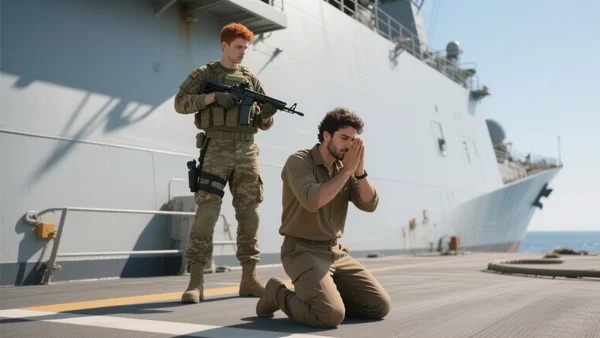Personnes agenouillées sur le pont d'un navire militaire, mains derrière la tête, soldats en tenue de combat en arrière-plan, lumière crue du jour en Méditerranée