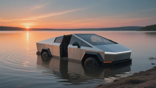 Un Cybertruck argenté partiellement immergé dans l'eau calme d'un lac au coucher du soleil, portière avant ouverte, reflets sur la surface de l'eau, vue depuis la rive