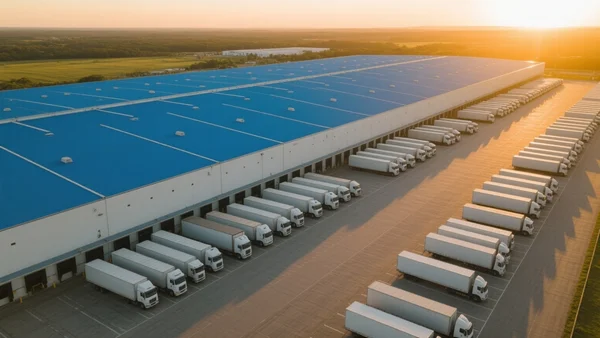 Vue aérienne d'un immense entrepôt Amazon avec des dizaines de camions alignés sur le parking, toit bleu, soleil couchant