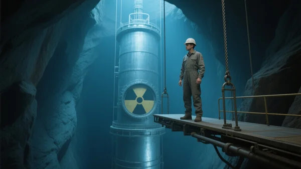 Vue en coupe d'un réacteur nucléaire cylindrique de 9 mètres de haut descendu dans un puits foré à 1,6 kilomètre de profondeur, parois rocheuses sombres, câbles métalliques, éclairage artificiel bleuté, atmosphère technique et industrielle.