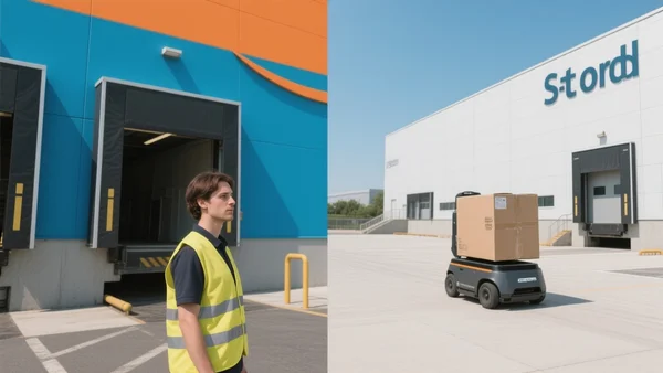 Deux entrepôts côte à côte : à gauche un bâtiment aux couleurs d'Amazon avec des employés en gilets jaunes, à droite un entrepôt Stord plus lumineux et moderne avec des robots autonomes transportant des colis
