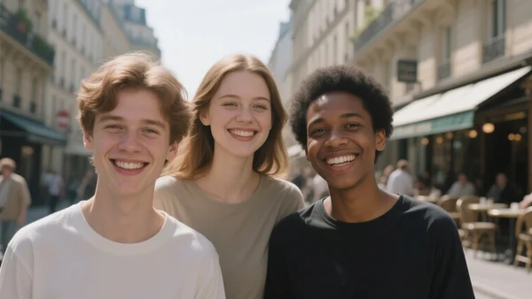 Gros plan sur trois jeunes adultes d'origines diverses souriant dans une rue animée de Paris, lumière naturelle, arrière-plan flou avec un café