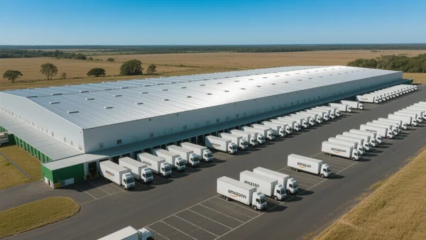 Vue aérienne d'un immense entrepôt Amazon avec des camions alignés sur le parking et des toits métalliques brillant sous le soleil