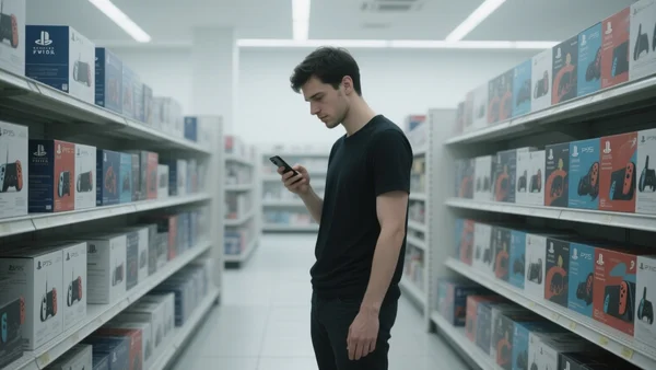 Rayon d'un magasin avec des boîtes de consoles PS5 et Switch 2 alignées, éclairage froid, ambiance déserte, un client regardant son téléphone