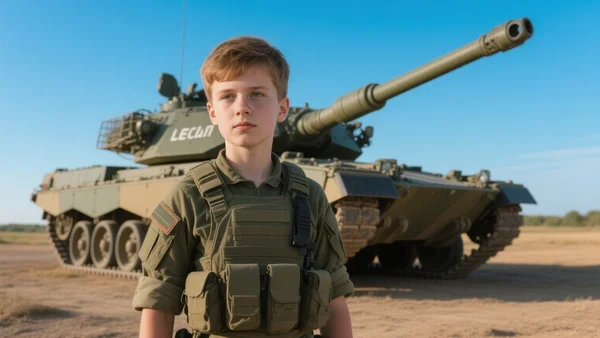 Jeune militaire en tenue de combat debout devant un char Leclerc sur un terrain d'entraînement, ciel bleu, lumière du matin