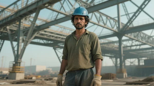 Ouvrier portant un casque de chantier et des gants, debout devant une structure métallique complexe, regard fatigué, sueur sur le front, chantier industriel en arrière-plan