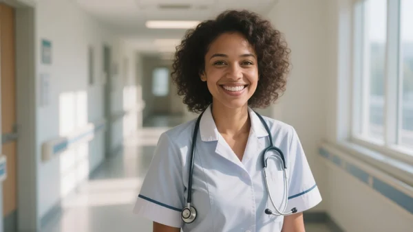 Portrait d'une infirmière souriante en tenue professionnelle, stéthoscope autour du cou, dans un couloir d'hôpital lumineux, lumière naturelle