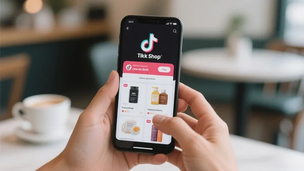 Plan serré sur des mains manipulant un smartphone, l'écran montre une interface TikTok Shop avec des produits en vedette et un compteur de vente en direct, fond flou de café