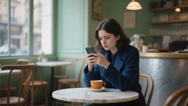 Femme de la génération Z utilisant son smartphone dans un café parisien, expression de lassitude, lumière naturelle tamisée, composition centrée sur l'écran et le visage