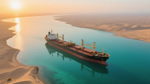 Vue aérienne d'un pétrolier naviguant dans le détroit d'Ormuz, eau turquoise et côtes désertiques, lumière du soleil couchant, horizon dégagé