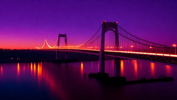 Pont suspendu illuminé la nuit avec des reflets dans l'eau, voitures passant sur la chaussée, ciel violet et orange, ambiance urbaine calme