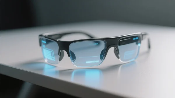 Gros plan sur une paire de lunettes connectées posée sur une table, verre laissant apparaître une légère interface lumineuse bleutée, éclairage tamisé