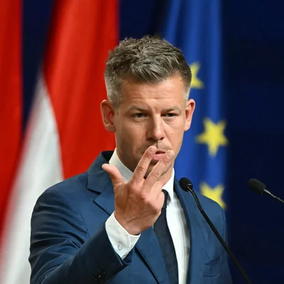 Péter Magyar prenant la parole devant les drapeaux français et européen.
