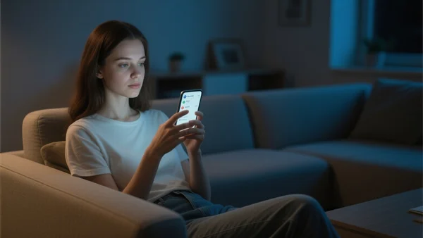Jeune femme assise sur un canapé dans un salon, smartphone à la main, visage éclairé par l'écran, notifications défilant, ambiance nocturne tamisée