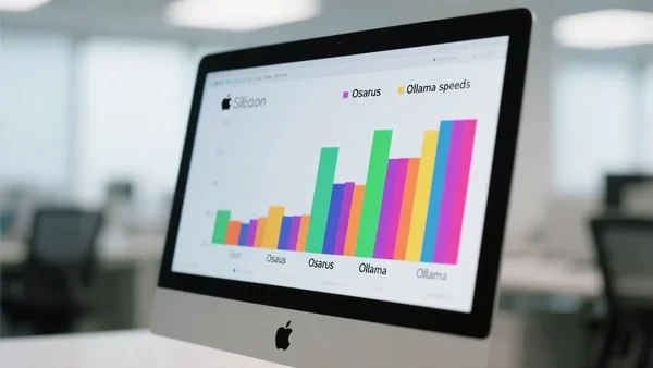 Gros plan sur l'écran d'un Mac Apple Silicon avec un graphique de performance comparant la vitesse d'Osaurus et d'Ollama, barres colorées, fond flou de bureau moderne