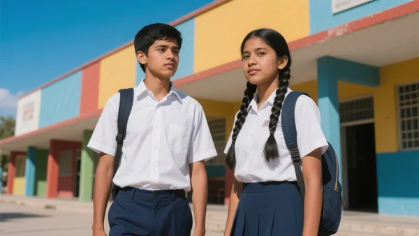 Élèves mexicains en uniforme quittant une école publique aux murs colorés, sacs sur le dos, ciel bleu ensoleillé