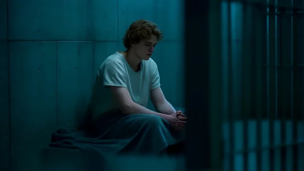 Jeune homme dans une cellule de prison, assis sur une couverture grise, regard baissé, mains jointes, murs en béton, éclairage froid et tamisé