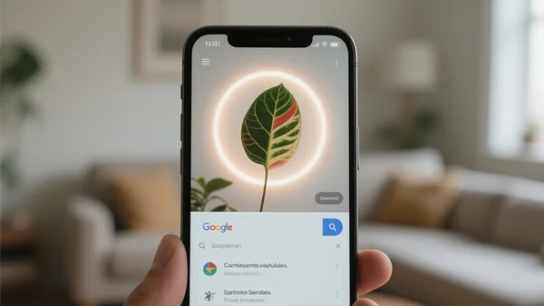 Smartphone en gros plan montrant une plante aux feuilles panachées entourée d'un cercle lumineux, avec résultats de recherche Google s'affichant en bas de l'écran, fond de salon flou