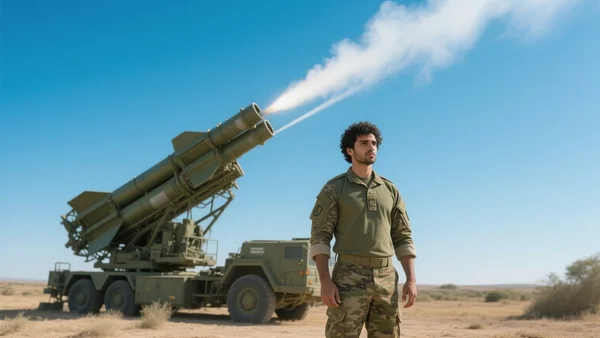 Batterie de missiles sol-air Patriot déployée dans une clairière, ciel bleu avec traînées de condensation, soldats en tenue de camouflage à proximité