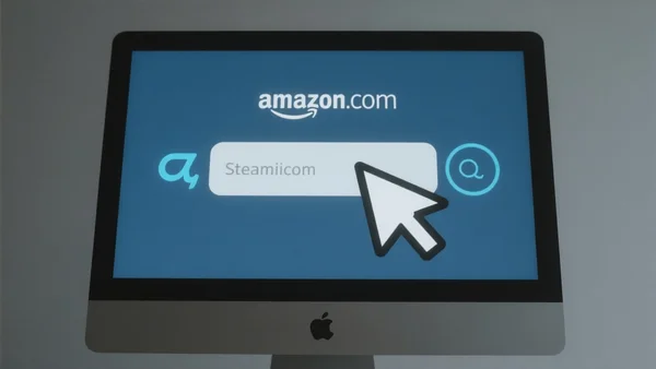 Interface d'Amazon.com avec une barre de recherche et une icône Alexa lumineuse à côté, un curseur de souris pointant vers l'icône, écran d'ordinateur vu de face, fond blanc épuré