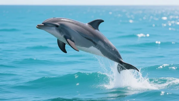 Dauphin à gros bec sautant hors de l'eau turquoise du Pacifique, soleil éclatant, mer calme