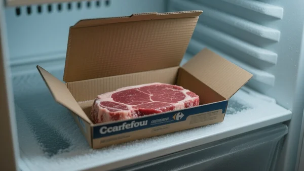 Paquet de steaks hachés surgelés Carrefour Extra ouvert, steak cru sorti du carton, éclairage froid de congélateur, arrière-plan flou de congélateur domestique