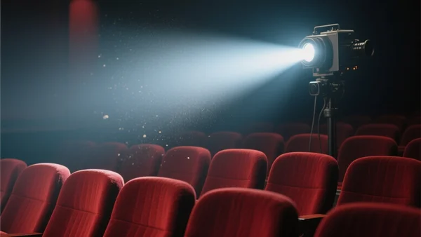 Projecteur de cinéma dans une salle sombre, faisceau lumineux traversant la poussière en suspension, fauteuils vides au premier plan, ambiance rouge et bleu tamisée