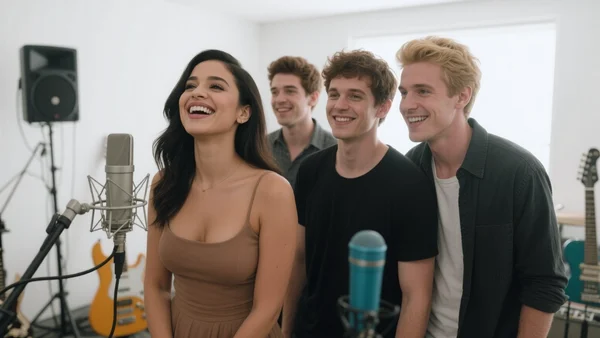 Demi Lovato et les Jonas Brothers souriant dans un studio d'enregistrement lumineux, micros et instruments autour d'eux