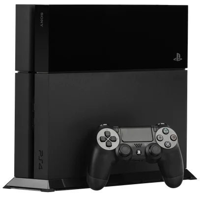 La Sony PlayStation 4 (PS4), une console de jeux vidéo de huitième génération sortie en 2013. La PS4 est montrée ici avec la manette DualShock 4 et un support vertical optionnel.