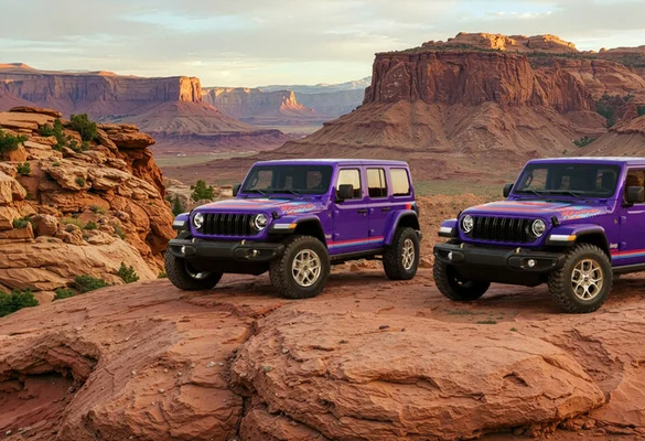 Deux Jeep Wrangler violets posés sur des roches rouges dans le désert de l’Utah, illustrant les capacités tout-terrain.